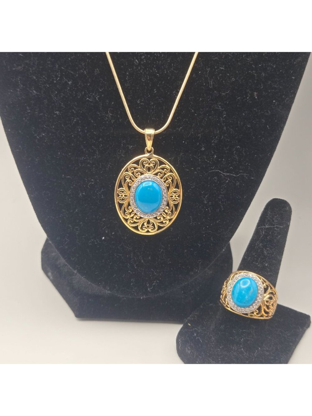 Vintage Gold-Plated 925 Sterling Silver Pendant Necklace Ring Set Turquoise Cabo